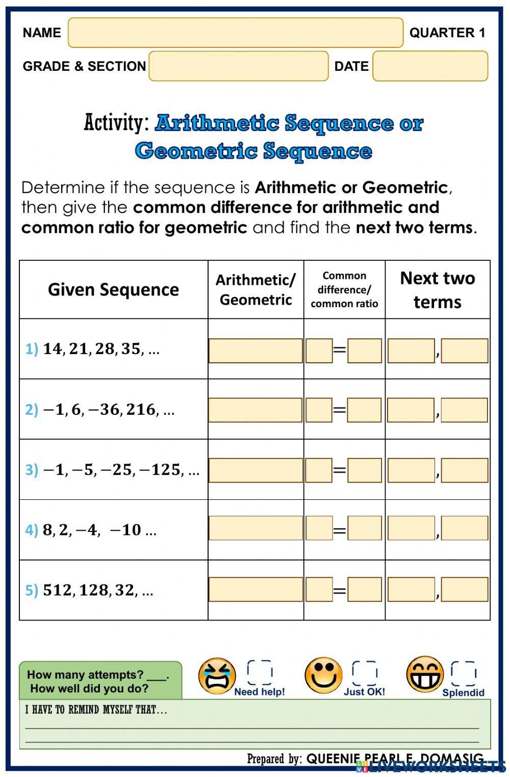 worksheet on arithmetic and geometric sequences