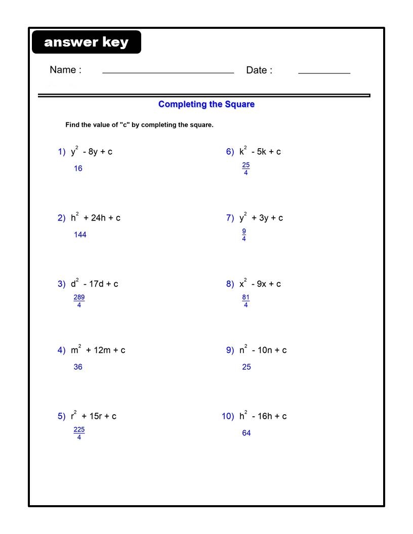 completing the square worksheet pdf