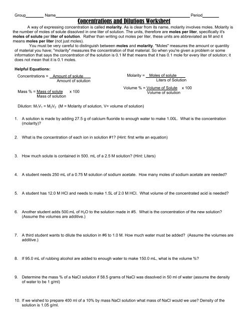 Concentrations And Dilutions Worksheet Worksheets Library