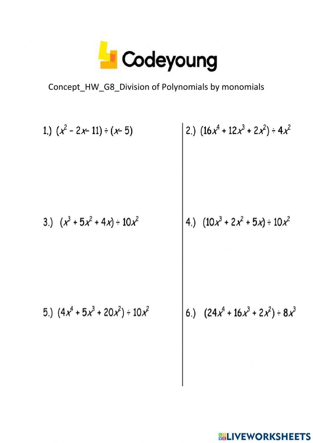 Concept HW G8 Division Of Polynomials By Monomials Worksheet 