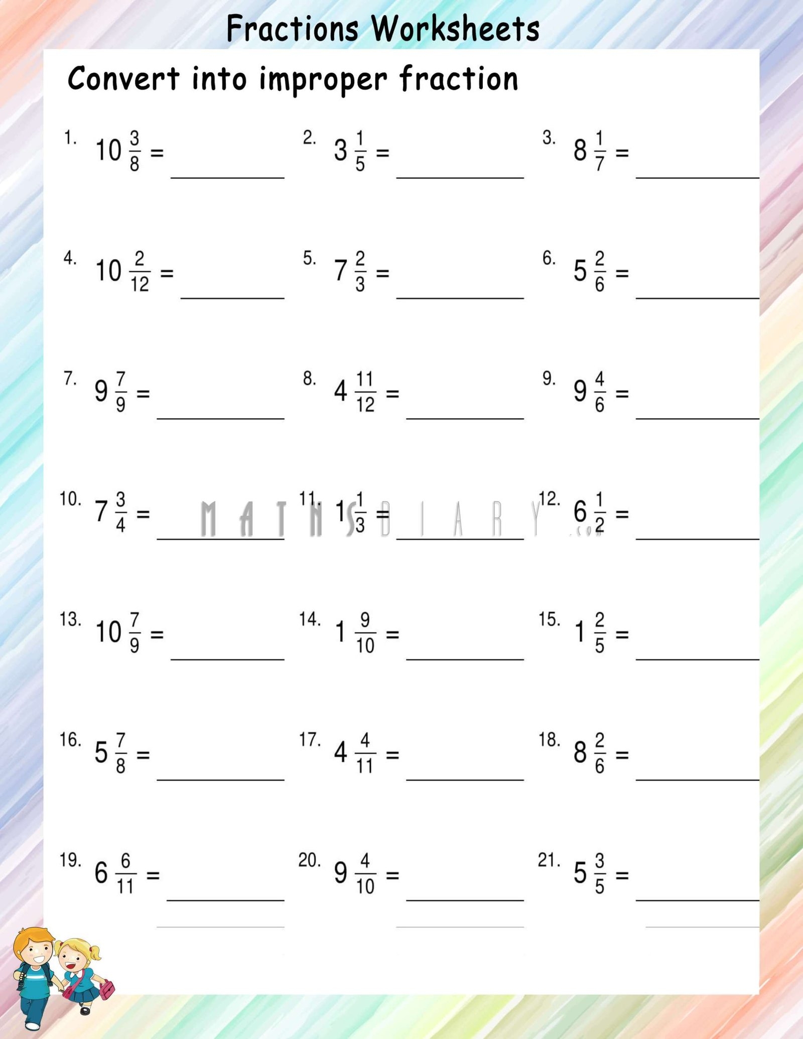 changing mixed fractions to improper fractions worksheets