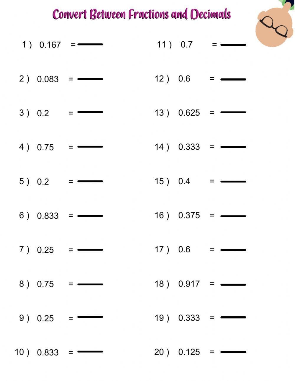 changing decimals to fractions worksheet