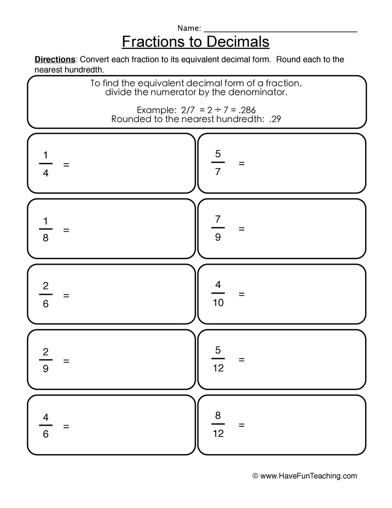 Converting Decimals To Fractions Worksheet Worksheets Library