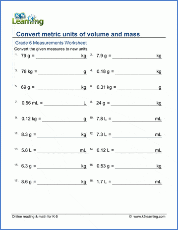 converting g to kg worksheet
