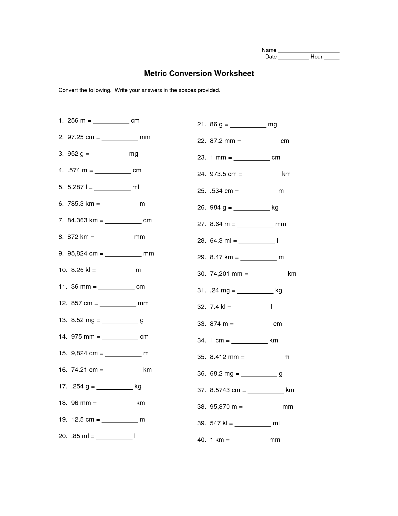 Converting Metrics Worksheet Printable Word Searches