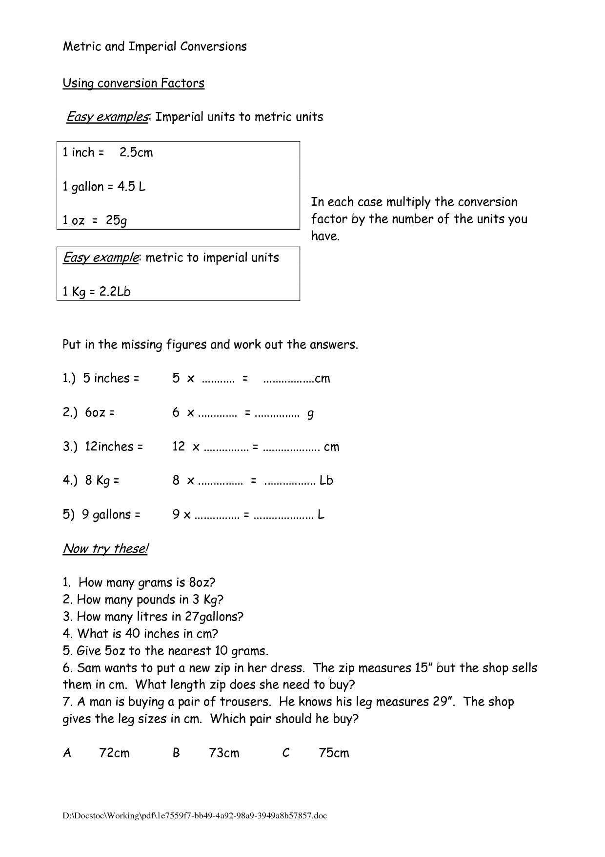 Converting Metrics Worksheet