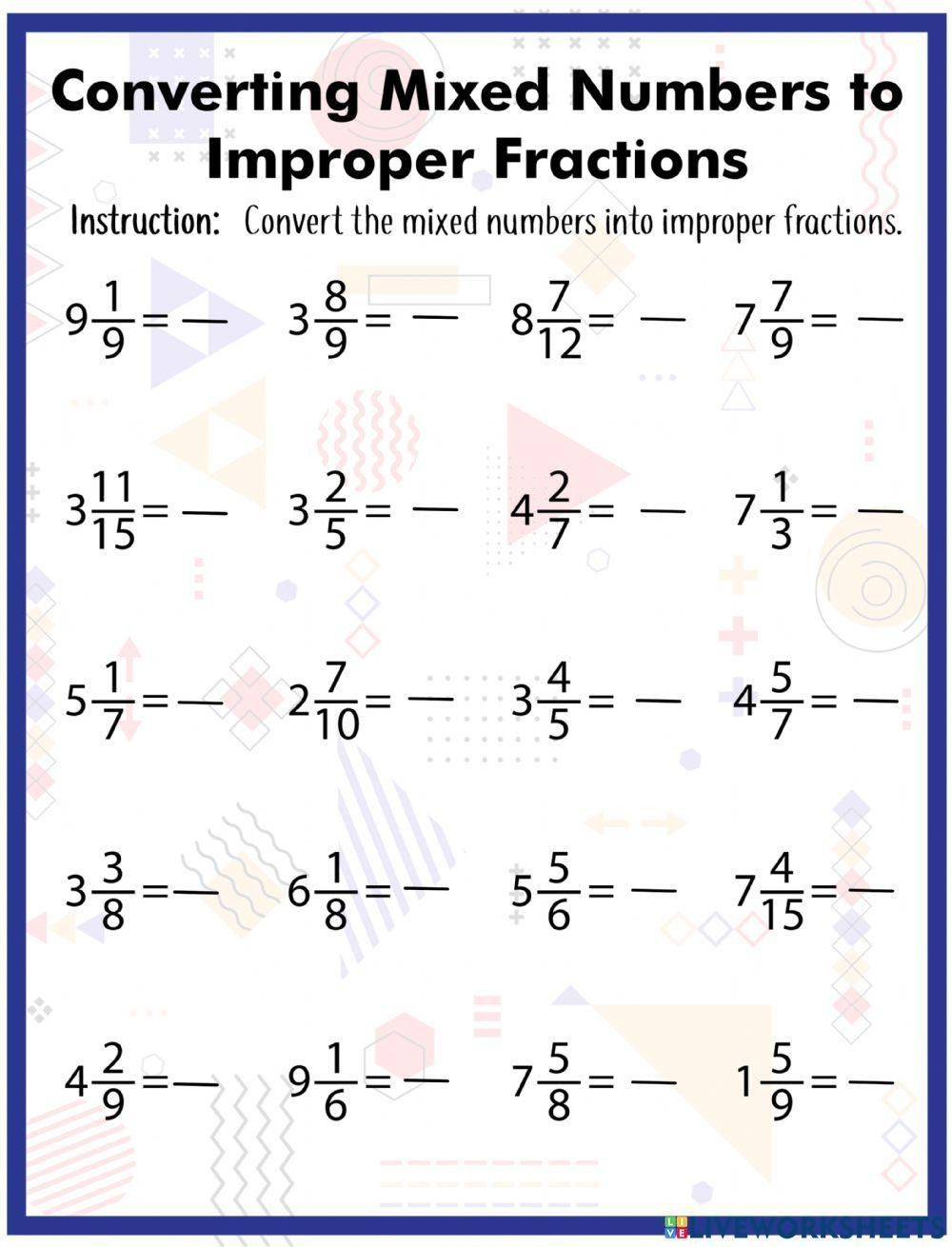 converting mixed numbers and improper fractions worksheet