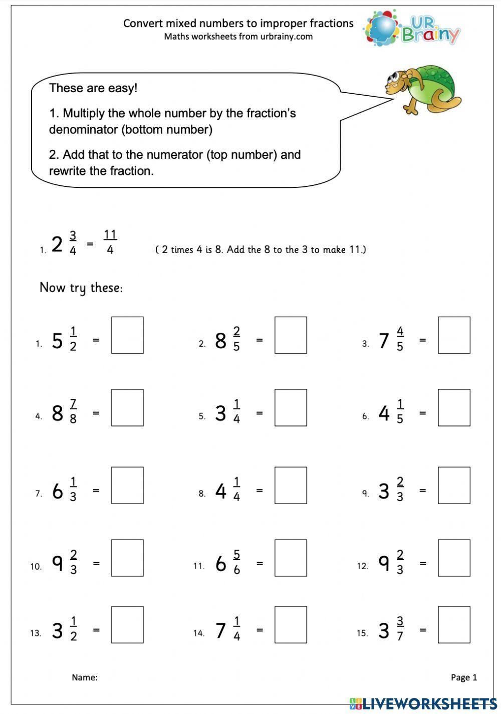worksheet on changing improper fractions to mixed numbers