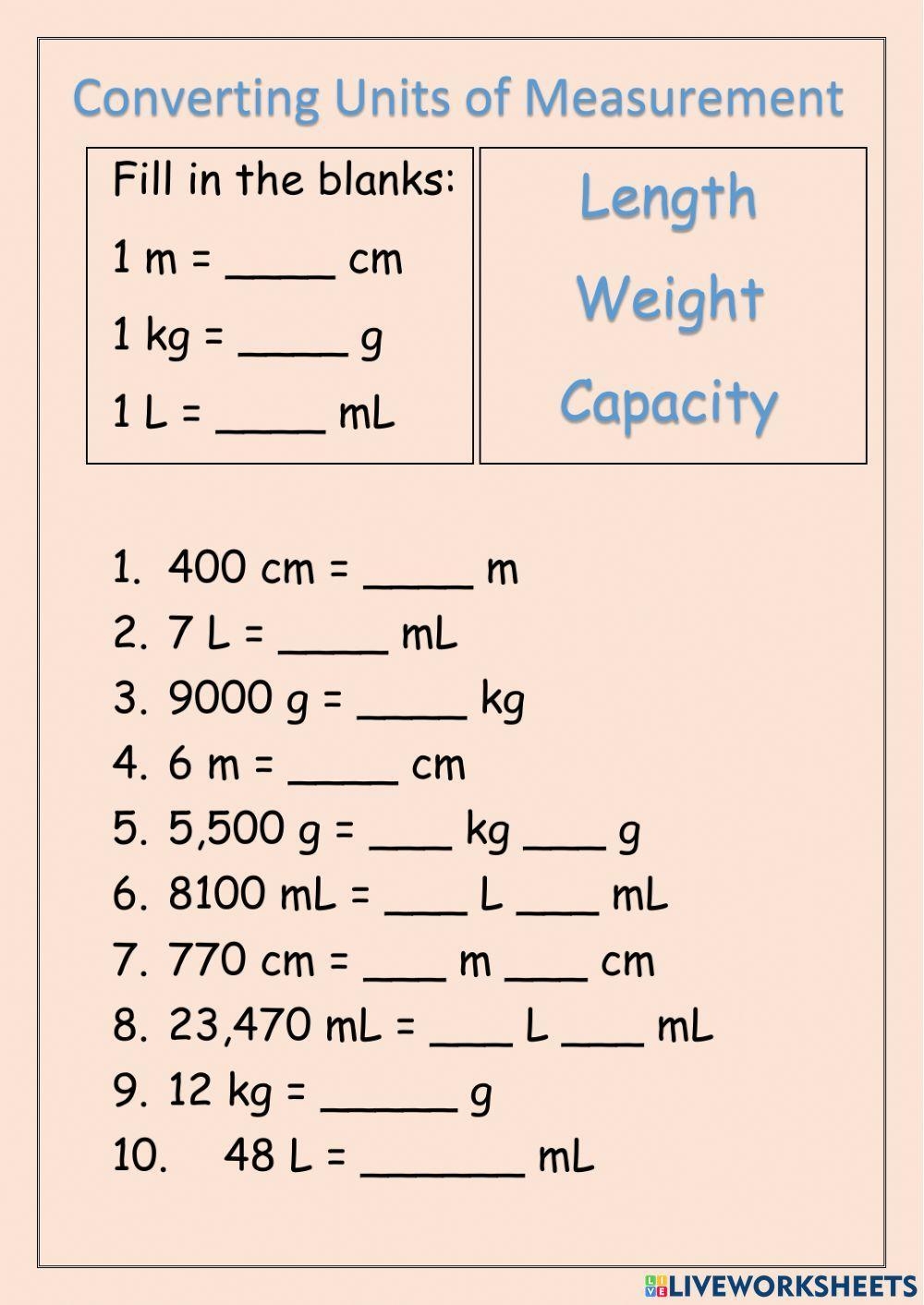 Converting Units Of Measurement Worksheet Live Worksheets