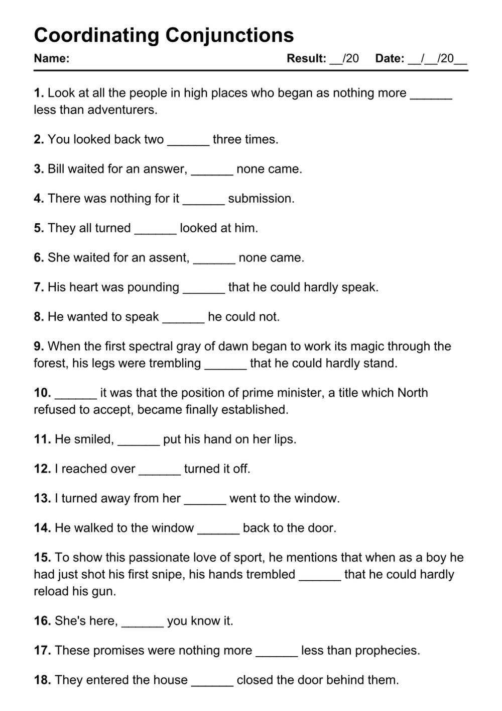 Coordinating Conjunction Worksheet Worksheets For Kindergarten