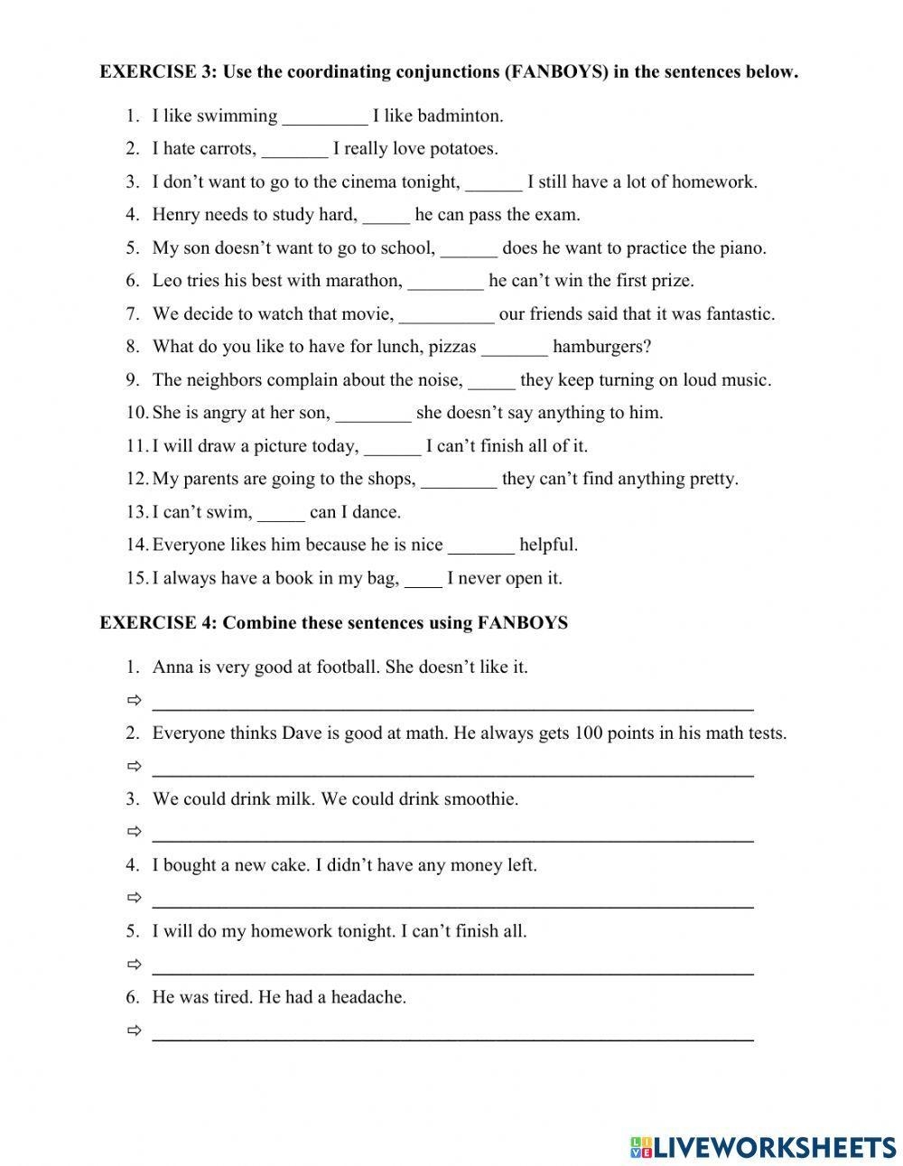 Coordinating Conjunctions FANBOYS Worksheet Live Worksheets 