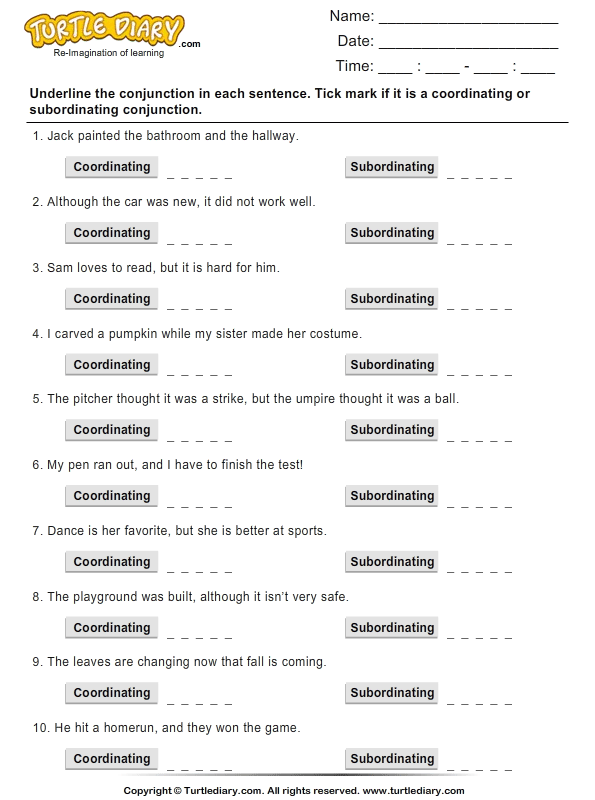 Coordinating Or Subordinating Conjunctions Worksheet Conjunction 