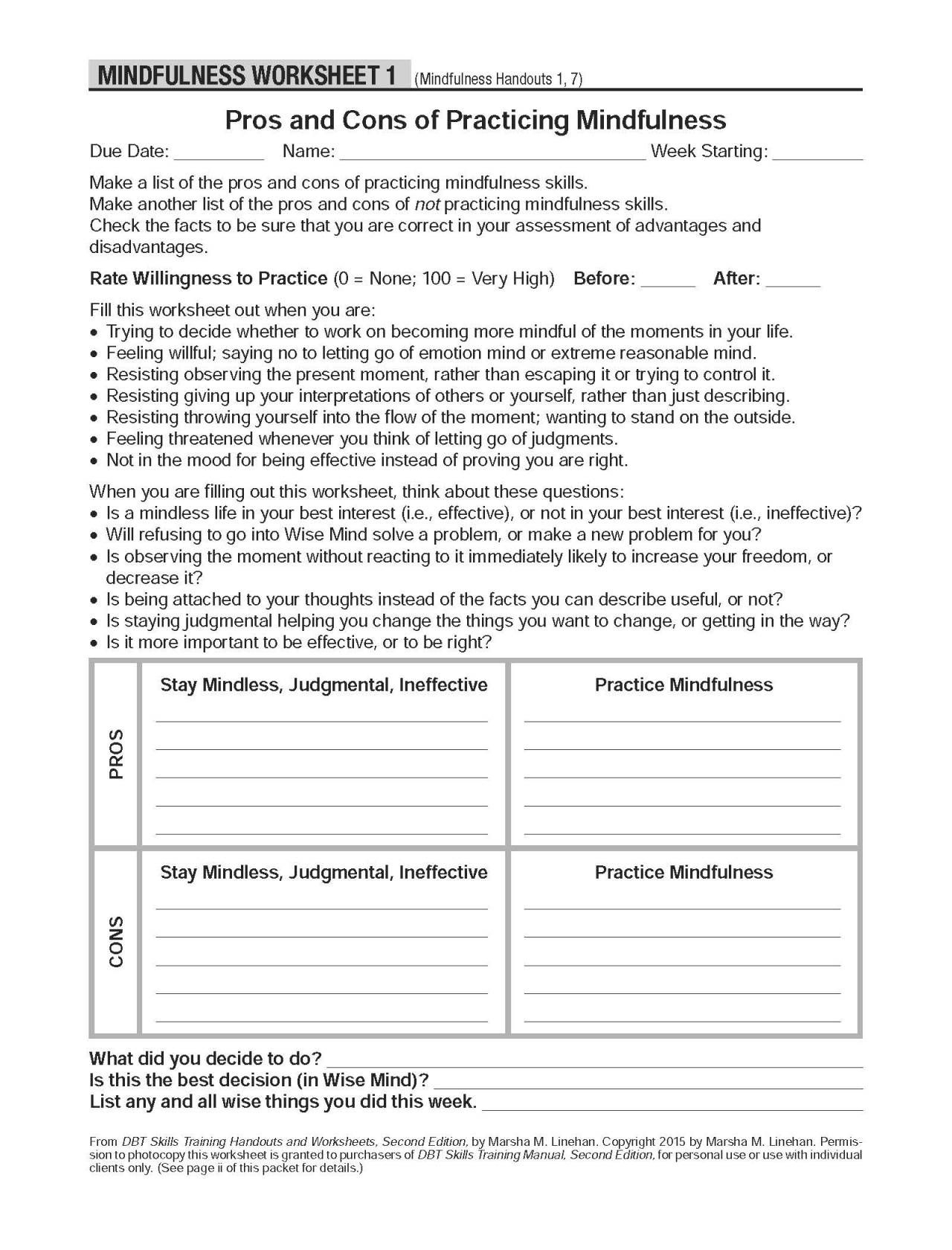 DBT Mindfulness Skills Worksheets DBT Worksheets