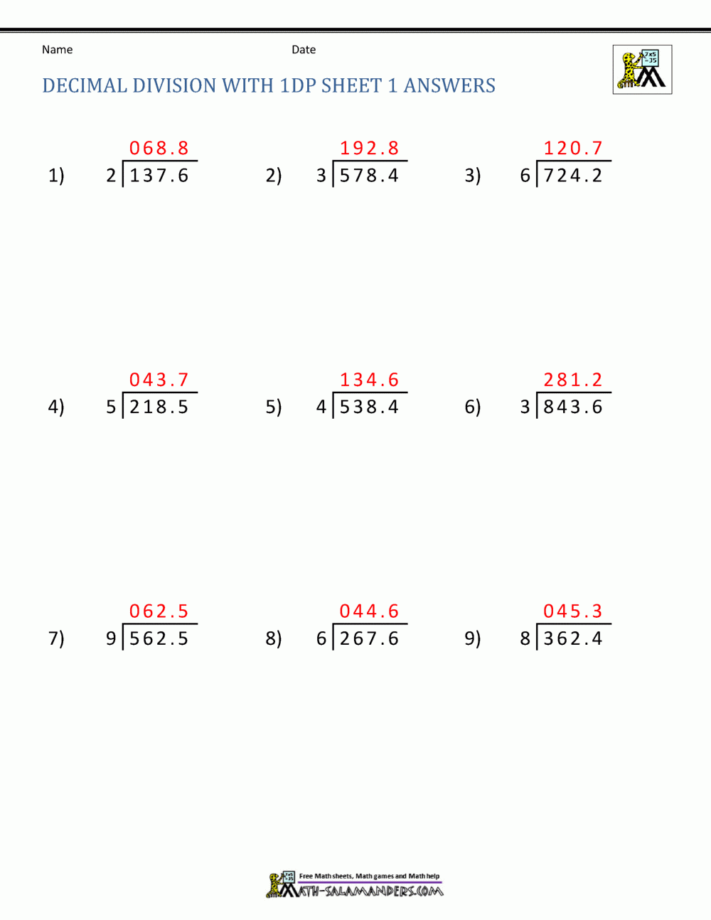 decimal division by whole number worksheet