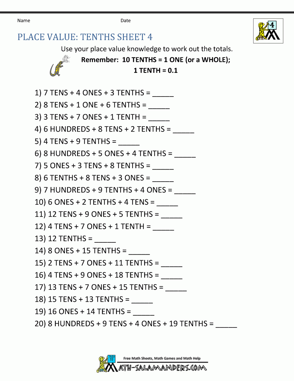 Decimal Place Value Worksheets 4th Grade Decimalworksheets