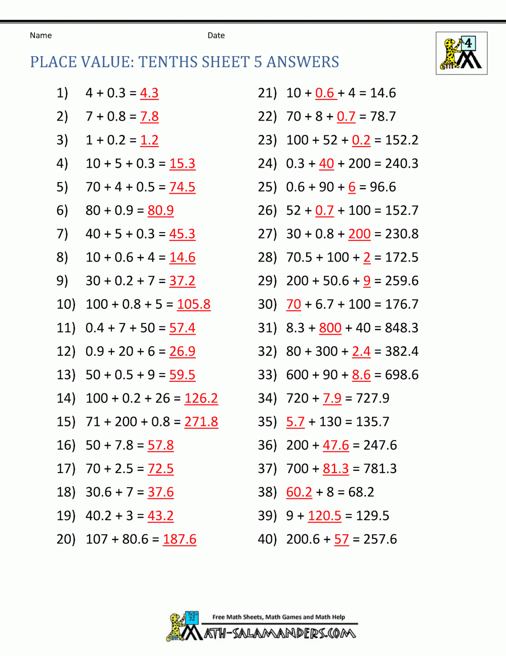 Decimal Place Value Worksheets 4th Grade Dewey Decimal Practice
