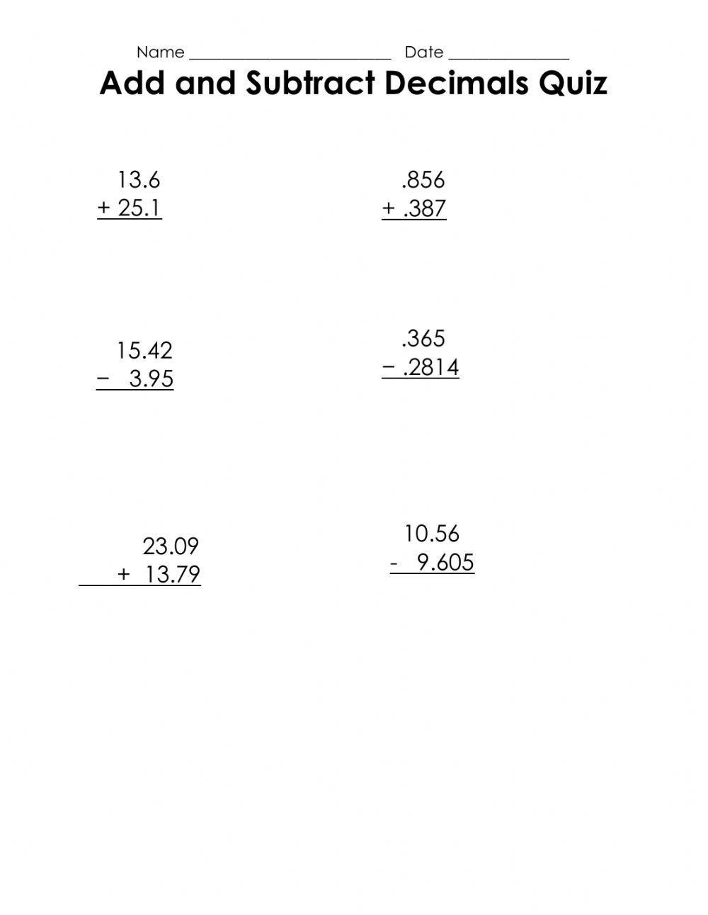 Decimal Subtraction Worksheets Worksheets Library