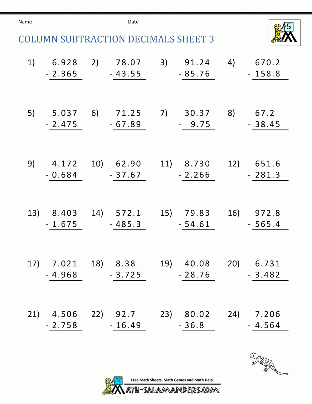 subtraction worksheets for 4th graders