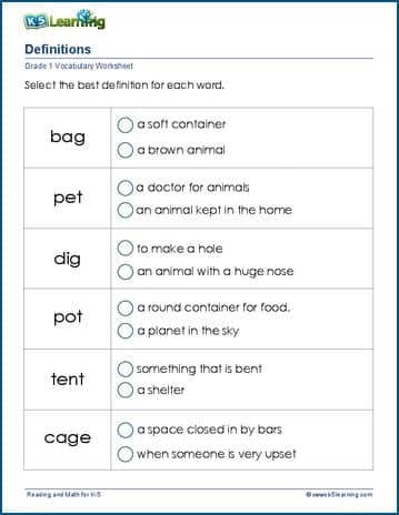 Definitions Worksheets K5 Learning Worksheets Library