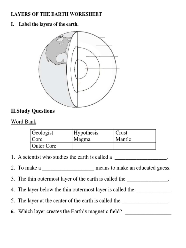the earth's layers worksheet
