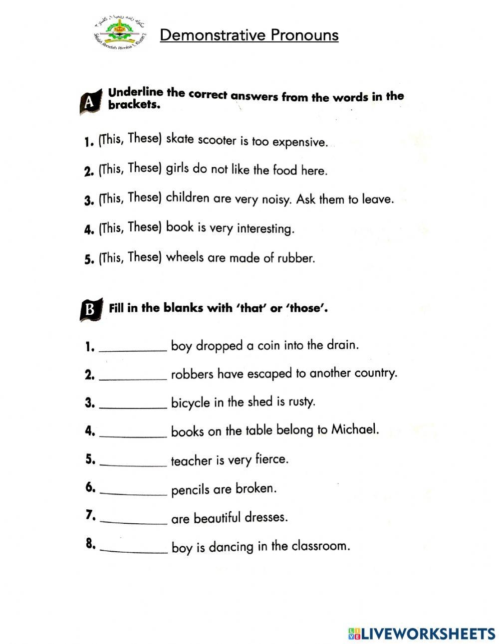 Demonstrative Pronouns Interactive Exercise For Year 3 Live