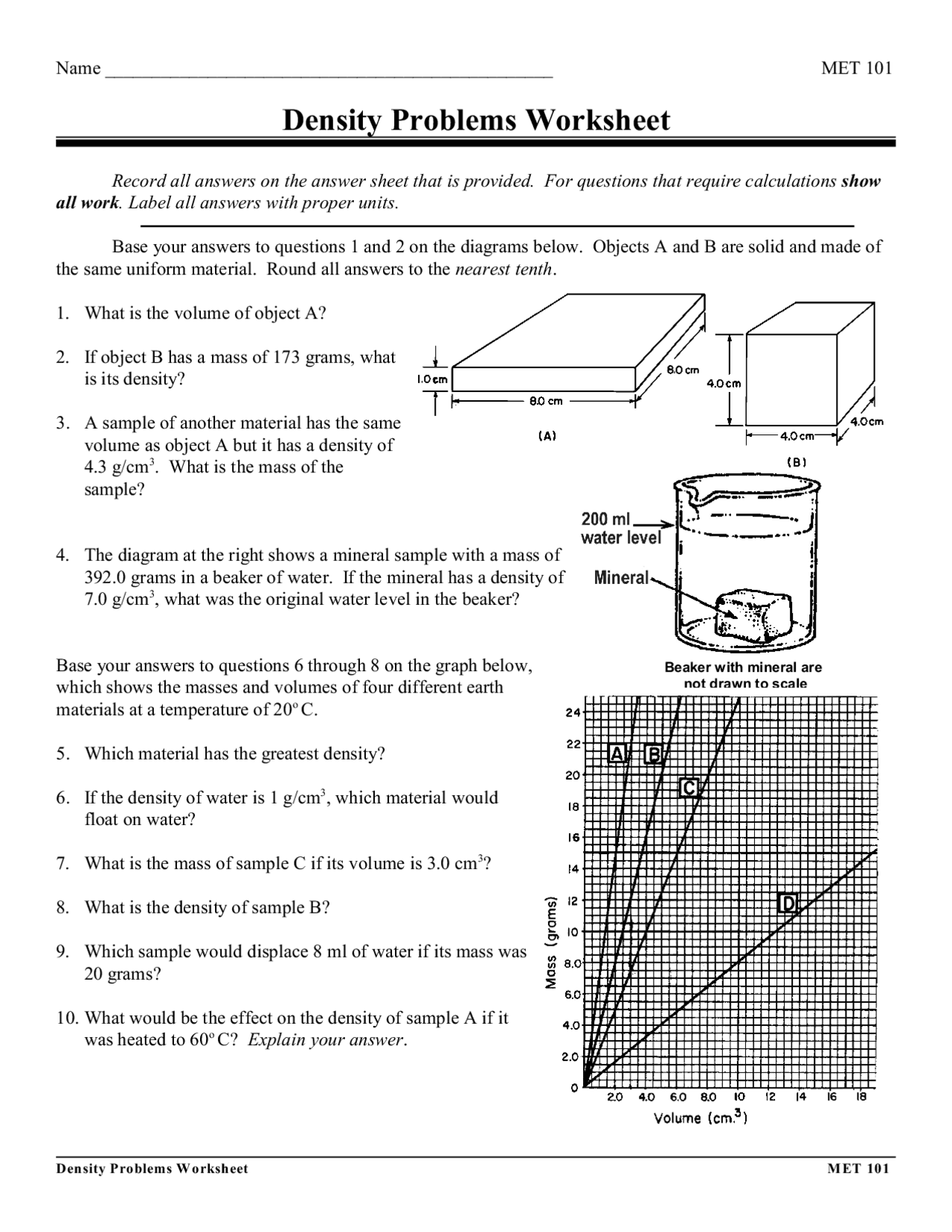 Density Problems Worksheet Schemes And Mind Maps Chemistry Docsity 