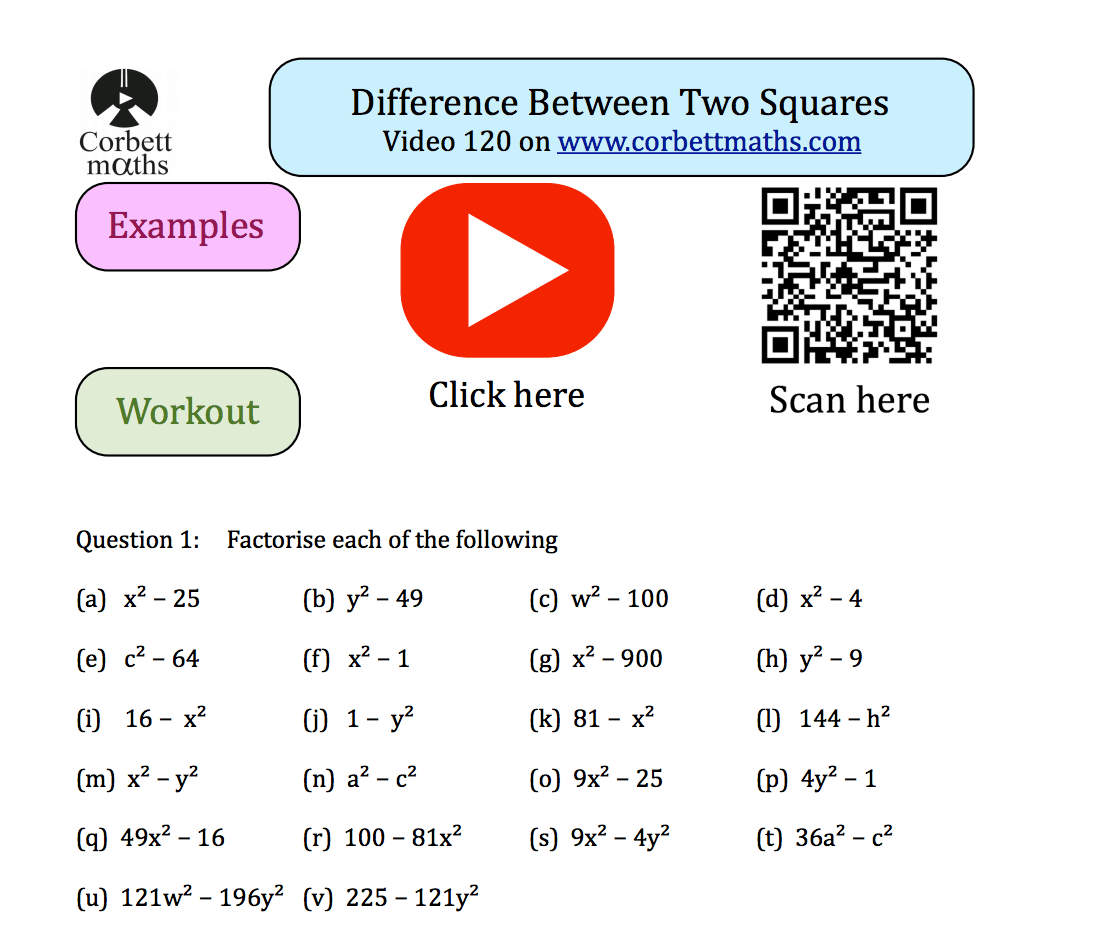 Difference Between 2 Squares Textbook Exercise Corbettmaths