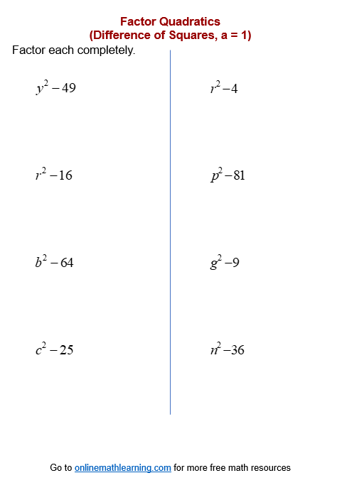 Difference Of Two Squares Minimally Different Worksheets Library