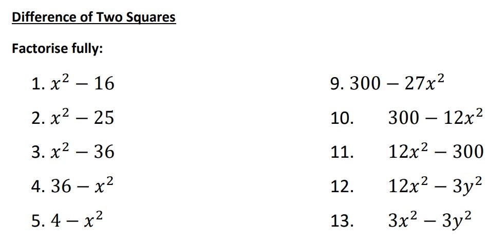 Difference Of Two Squares Minimally Different Worksheets Library