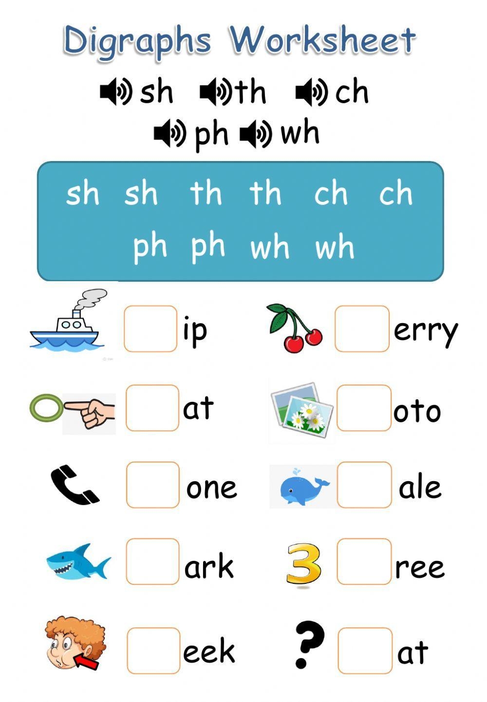 Digraphs with Hints SH TH CH PH WH Worksheet Live Worksheets 