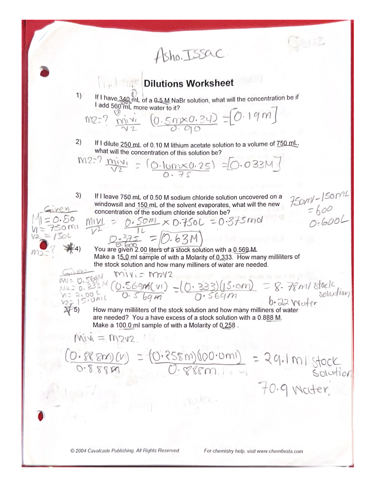Dilutions Worksheet Dilution Problems CHEM 1010 Studocu 