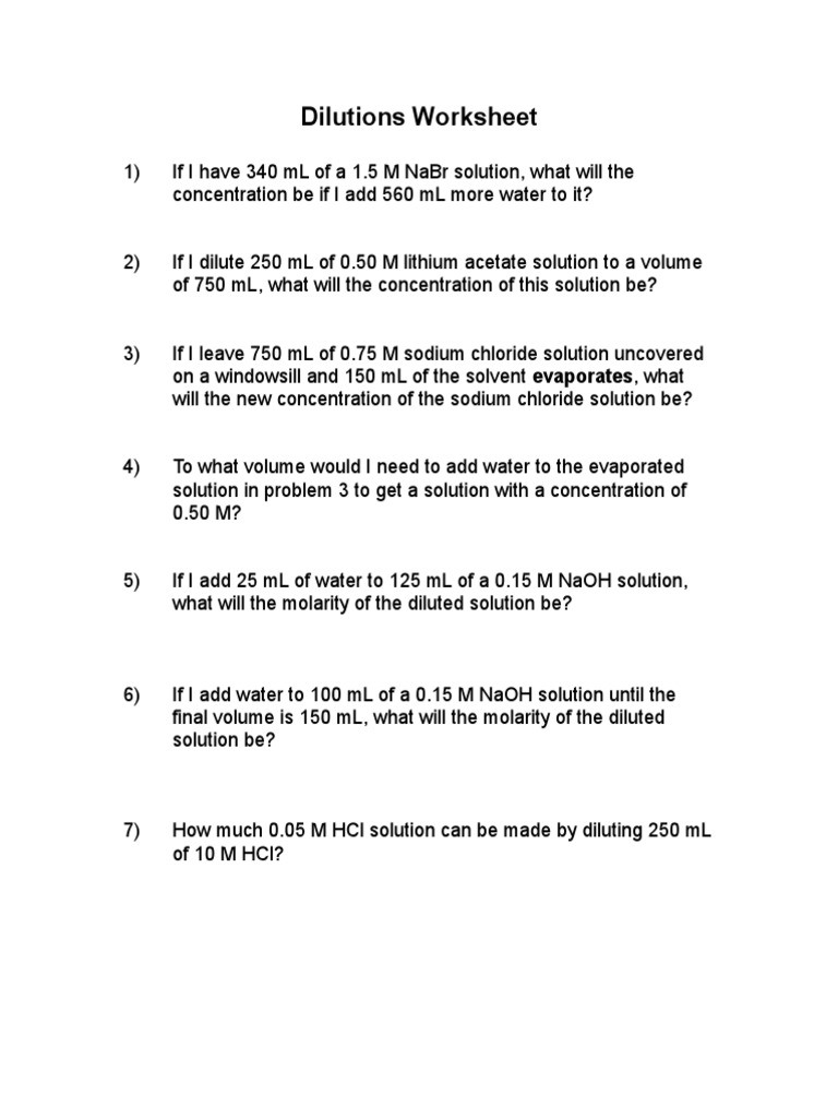 dilutions worksheet