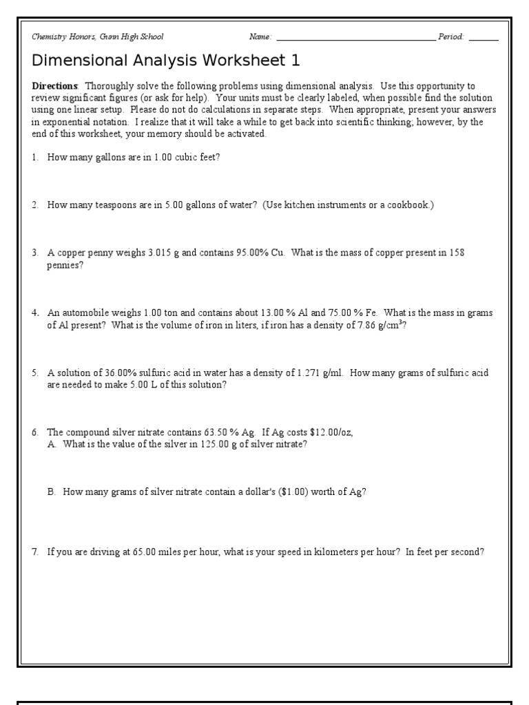 dimensional analysis chemistry worksheet