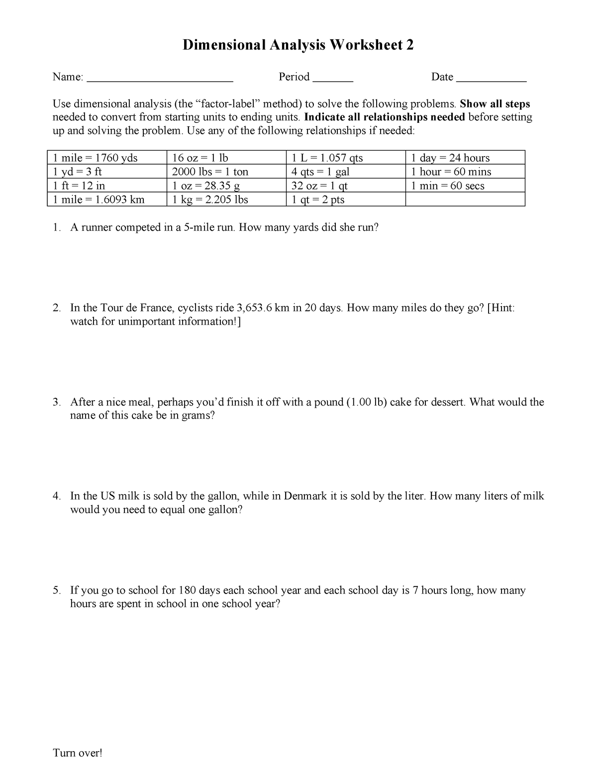 Dimensional Analysis Ws 2 Turn Over Dimensional Analysis 