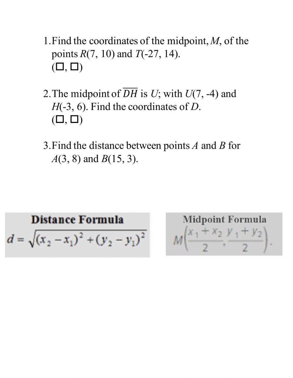 Distance And Mid point Formula Practice Worksheet Live Worksheets 