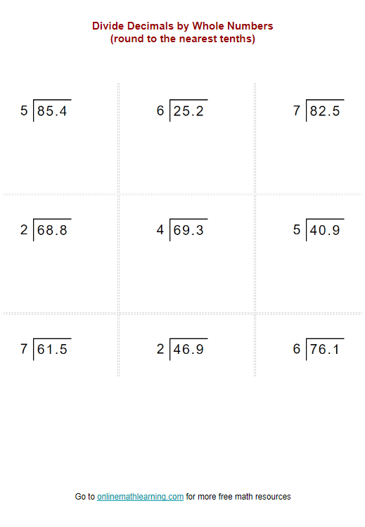 Dividing Decimals By Whole Numbers Interactive Worksheet Live