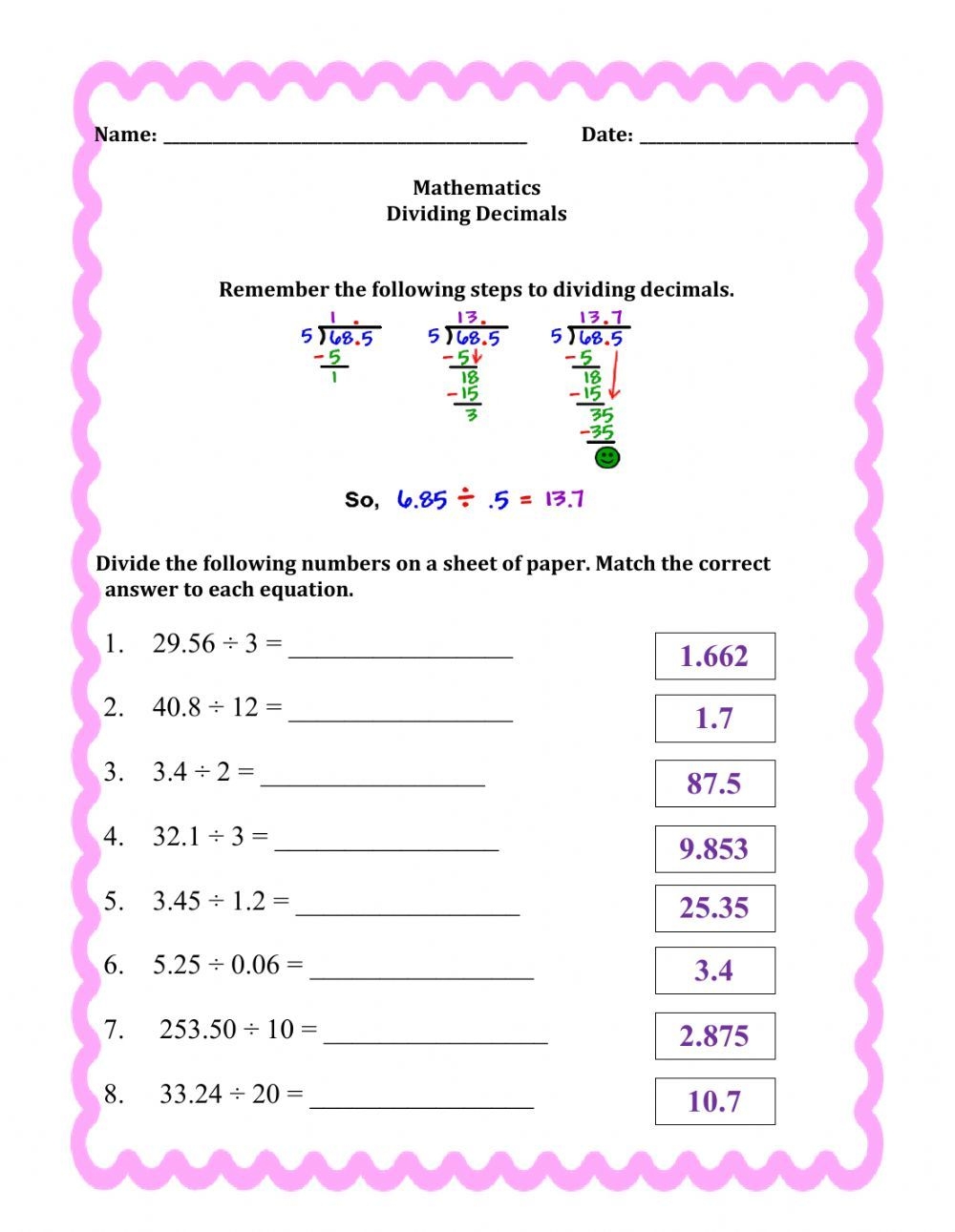 Dividing Decimals Worksheet Free Printable PDF