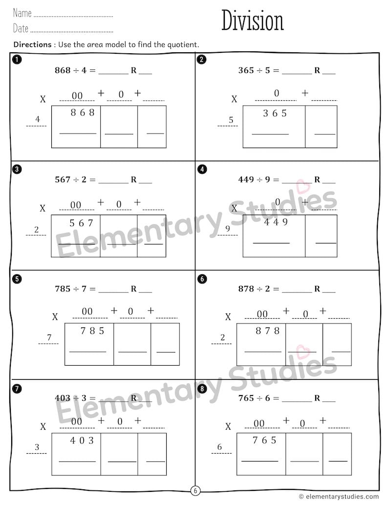 Division Using Area Model Worksheets Elementary Studies Worksheets 