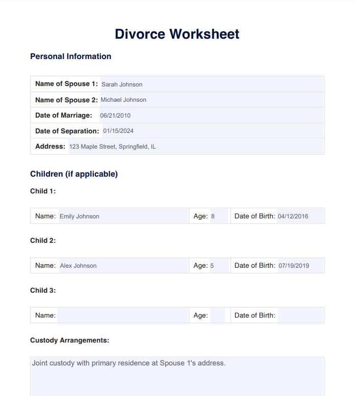 Divorce Worksheet Example Free PDF Download Worksheets Library
