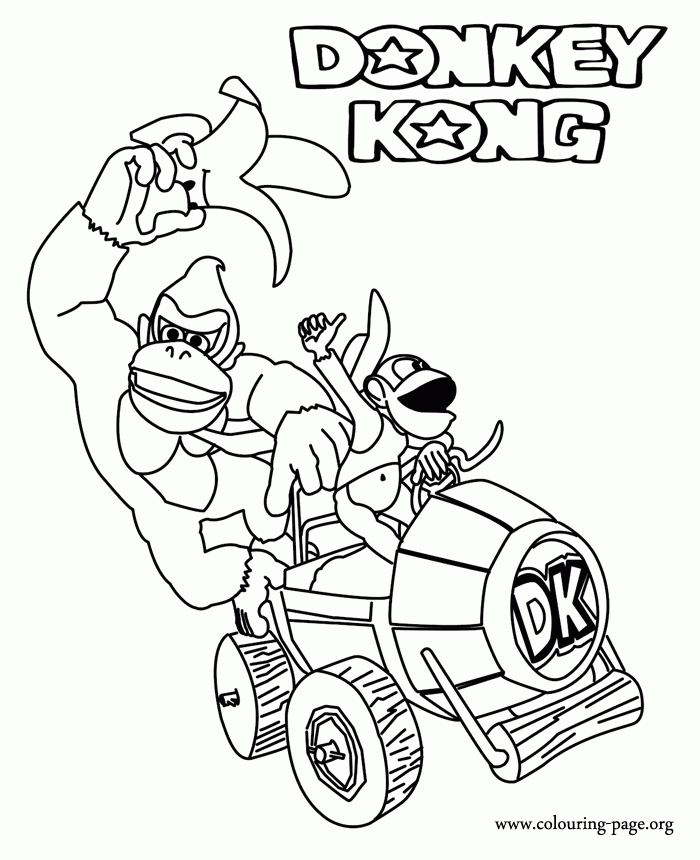 Donkey Kong Donkey And Diddy Kong In Their Vehicle Coloring Page