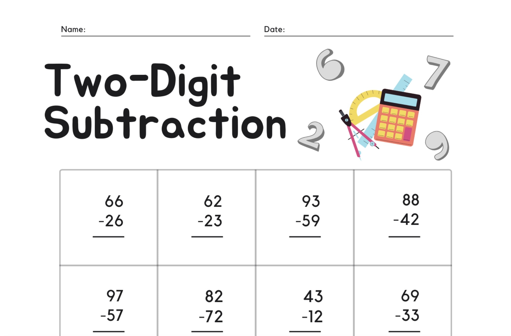 Double Digit Subtraction Without Regrouping Worksheet Tens 