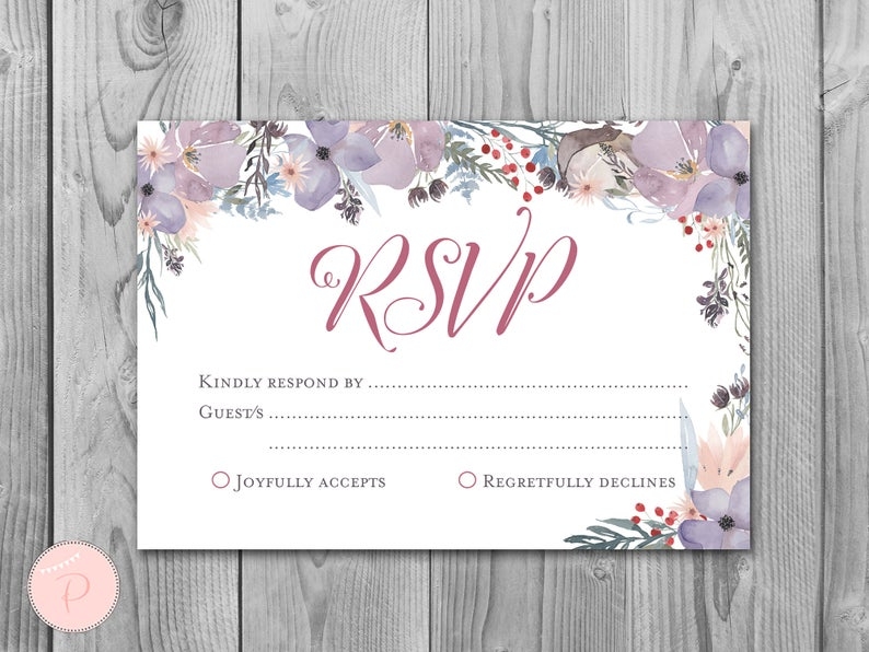 DOWNLOAD Purple Floral Wedding RSVP Printable Cards WI52 Worksheets