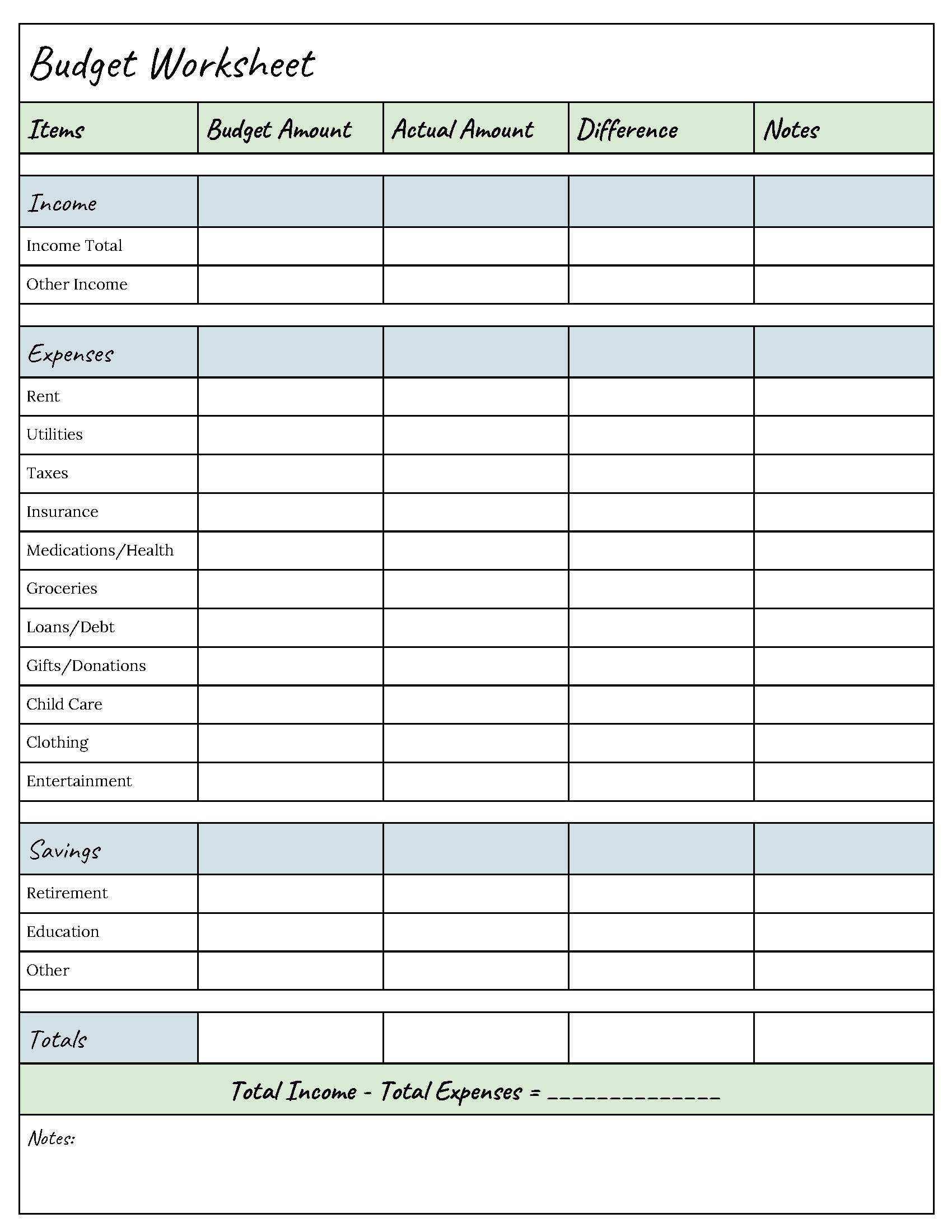 free sample budget worksheet printable