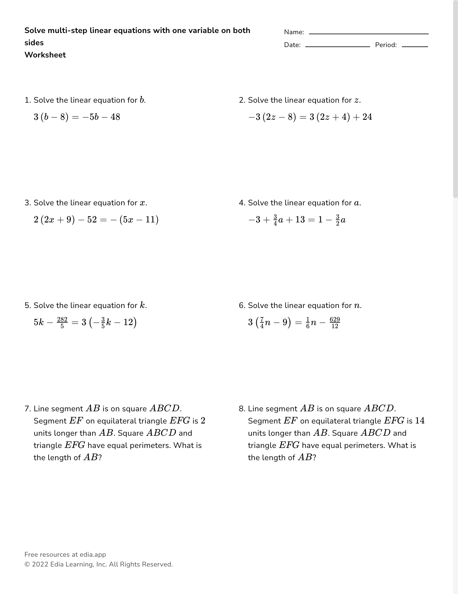 equations variables on both sides worksheet