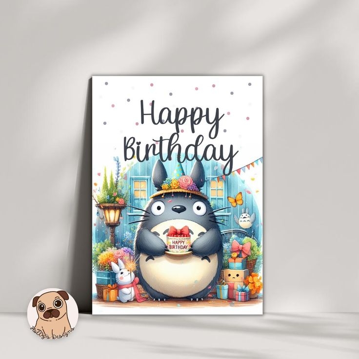 Editable Totoro Happy Birthday Printable Folded Card Digital Download 