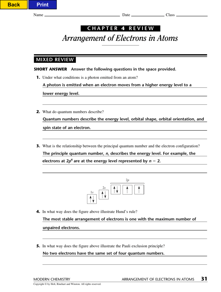 electron arrangement worksheet answer key