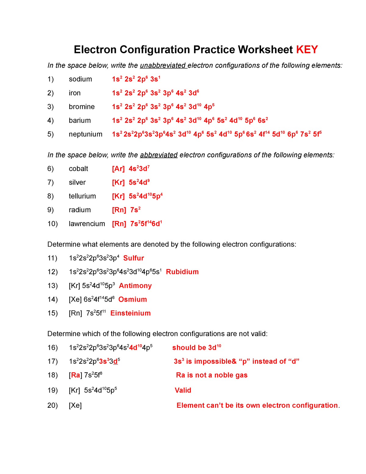 Electron Confiuration Practice WS KEY Electron Configuration