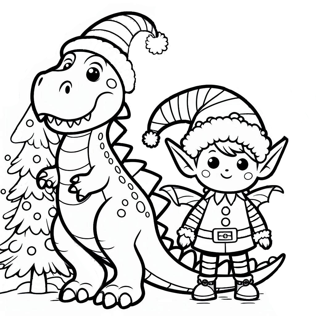 Elf Color Sheet With Dinosaur Printable Coloring Page Dinosaur