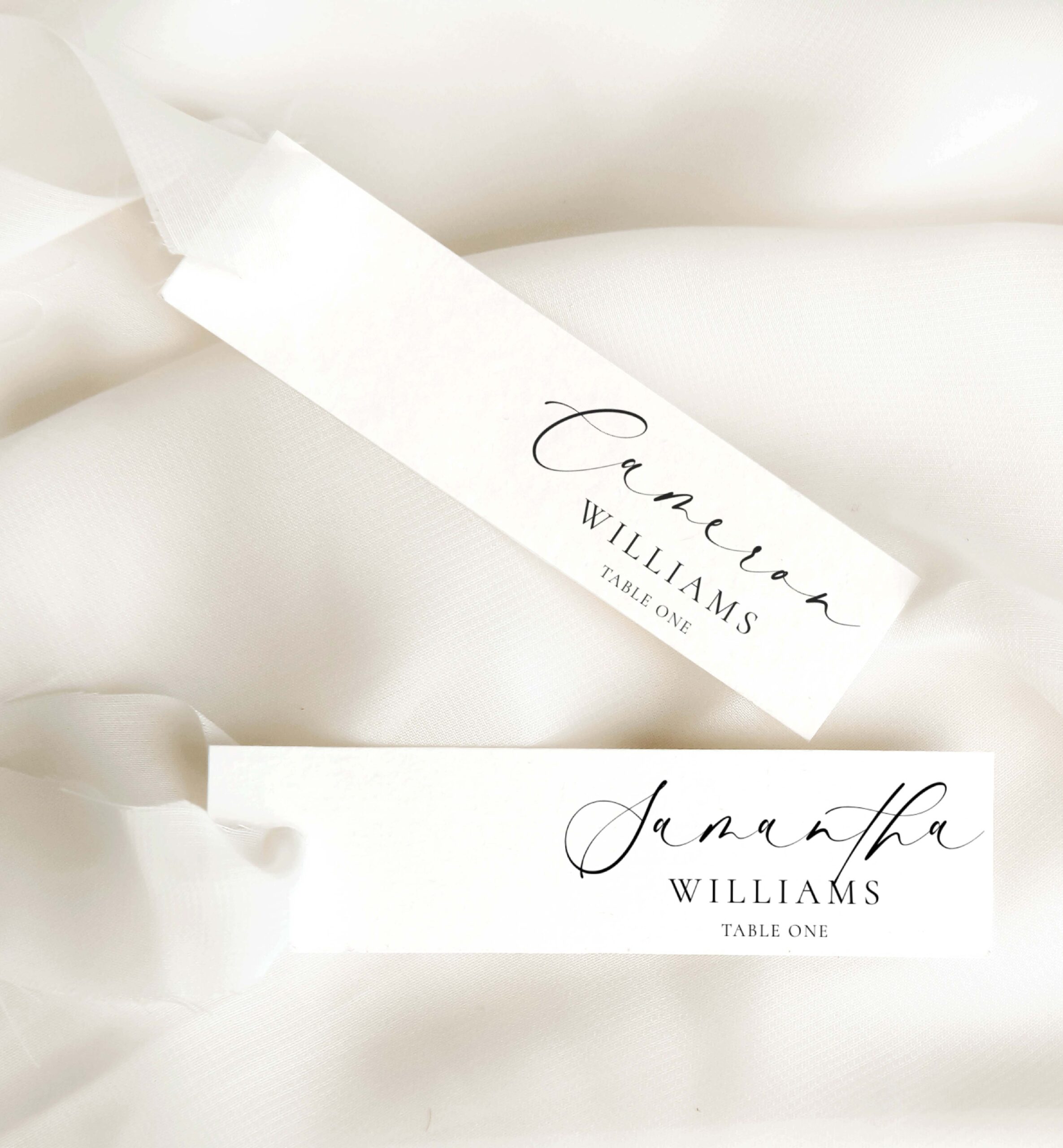 Ellesmere White Printable Slim Place Cards Template Black Bow 