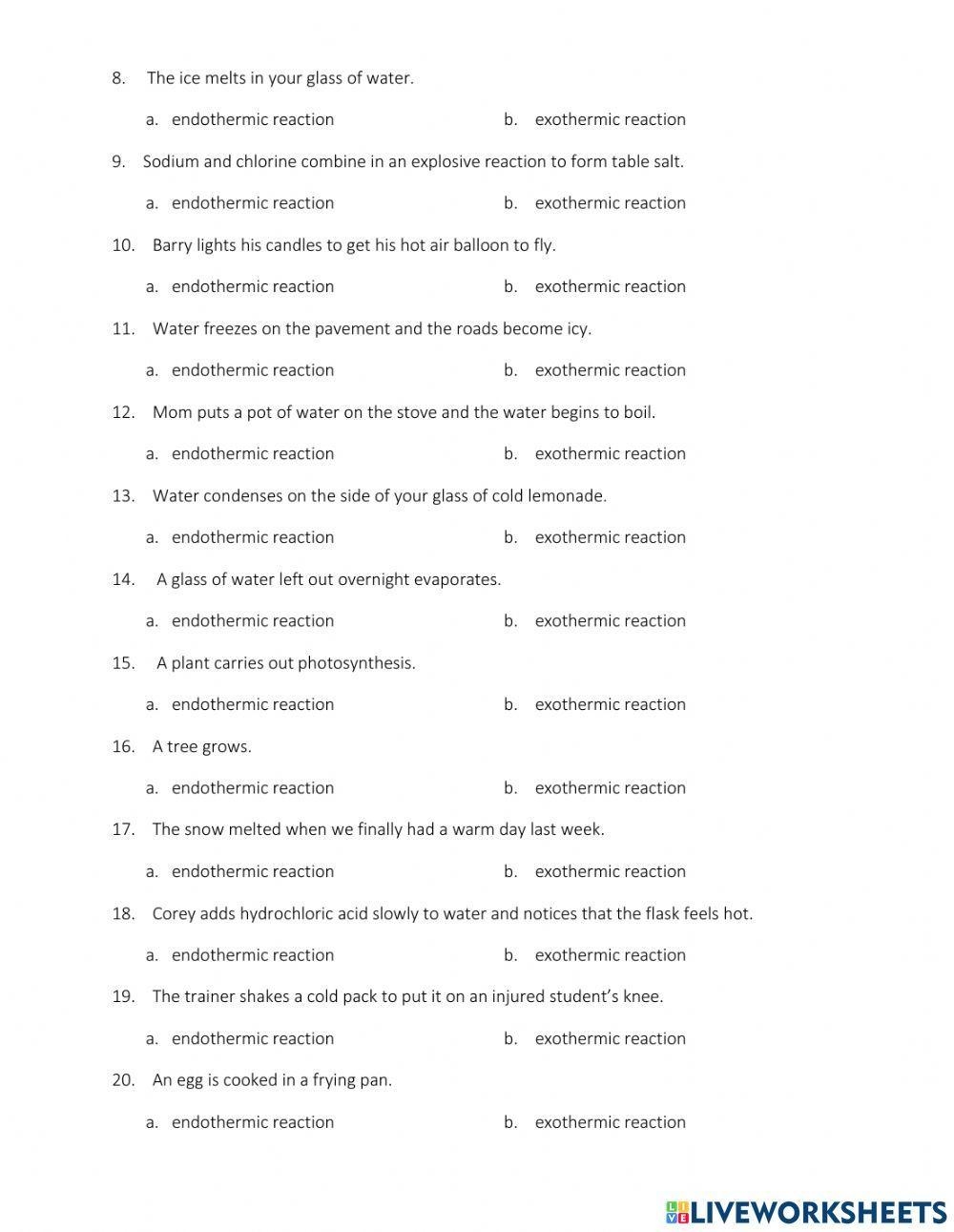 Endothermic And Exothermic Reaction Worksheet Download Free PDF 